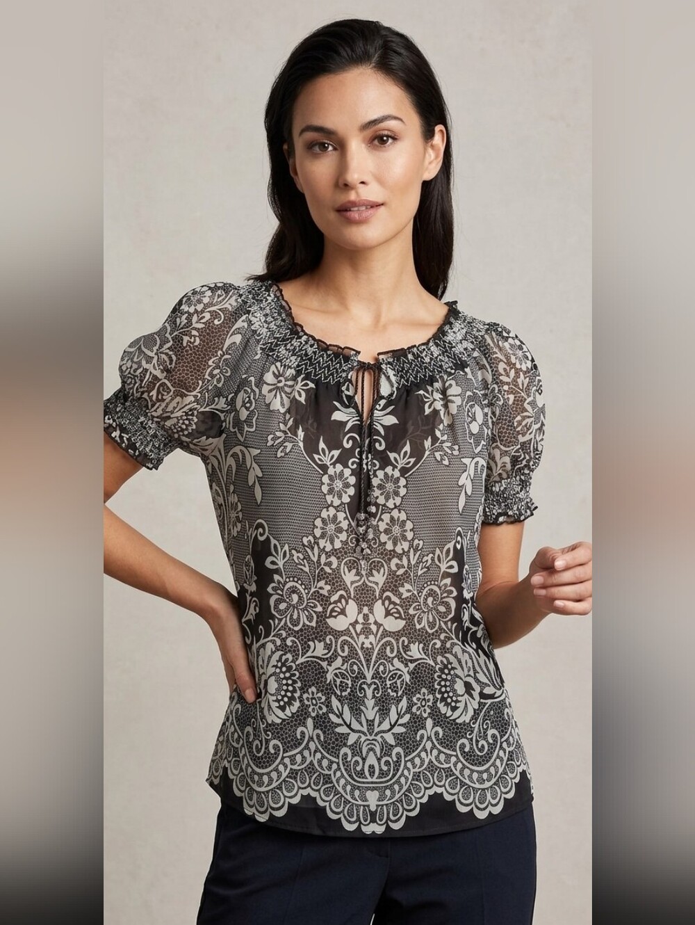 Forbidden Los Angeles Women's Sheer Floral Top w/Tie Front Smocking Size Medium